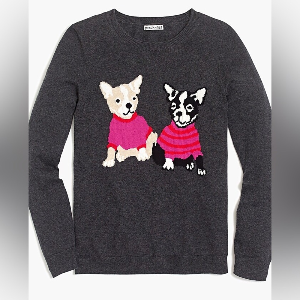 J. Crew Gray Sweater with Pink Dog Design